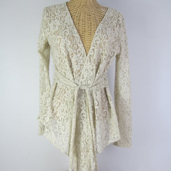 Suki Women M Taupe Ivory Floral Lace Long Sleeve Cardigan Front Ties Made in USA - Picture 7 of 12